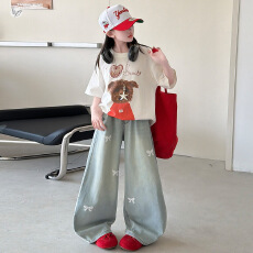 批发女童蝴蝶结烫钻<b class='q'>牛仔裤</b>套装2026中大童可爱卡通印花短袖T恤阔腿裤