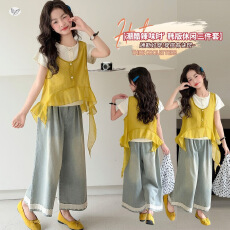 批发女童马甲套装2026夏款中大童不规则网纱背心短袖花边阔腿裤<b class='q'>牛仔裤</b>