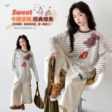 批发<b class='q'>女</b><b class='q'>童</b>防晒衣套装2026夏款中大童卡通条纹长袖T恤棉布裤透气防晒服