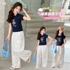 批发女童2026年夏季裤套装卡通印花衬衫薄款工装裤长裤侧兜中大童百搭