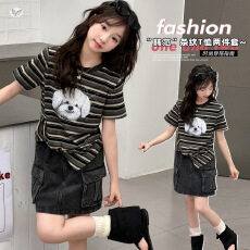 批发女童2026年夏季韩版卡通印花条纹珠绣衬衫侧兜牛仔裤两件套中大童