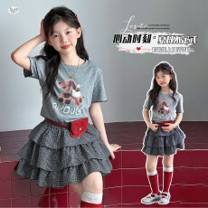 批发女<b class='q'>童</b><b class='q'>韩</b>系蛋糕<b class='q'>裙</b>短裙<b class='q'>套装</b>2026夏款中大<b class='q'>童</b>印花小狗T恤格子裙半身裙