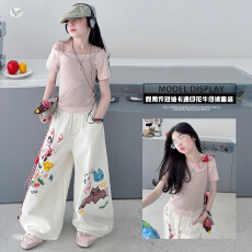 批发女童卡通涂鸦阔腿裤2026夏新款中大童假两件条纹吊带<b class='q'>T</b><b class='q'>恤</b>阔腿裤潮