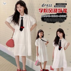 批发<b class='q'>女童</b>202<b class='q'>6</b>年夏季新款学院风领带连衣裙中大童休闲短袖娃娃裙显瘦潮