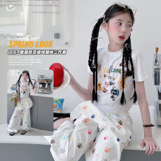 批发<b class='q'>女童</b>满印<b class='q'>屁</b>帘阔腿裤卡通印花T恤套装中大儿童甜酷修身短袖直筒裤