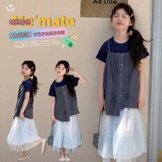 女童2026年夏季新款韩版马甲T恤三件套中大童纱裙半身裙短袖叠穿
