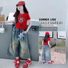 女童2026年夏季新款毛巾绣牛仔九分裤套装中大童韩版印花短袖T恤