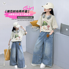 女童2026年夏季新款休闲印花T恤套装中大童毛边牛仔阔腿裤薄款潮