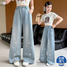 批发女童夏季牛仔裤轻薄2026新款中大童脚口蝴蝶结刺绣烫钻阔腿裤长裤