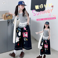 批发<b class='q'>女童</b>蕾丝<b class='q'>花边</b>吊带背心牛仔裤套装2026夏新款中大童卡通印花八分裤