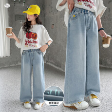 批发跨境女童牛仔裤2026夏款中大童爱心刺绣阔腿裤直筒裤夏天长裤薄款