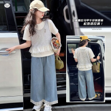 批发<b class='q'>女</b><b class='q'>童</b>蕾丝花边<b class='q'>马甲</b>套装2026夏新款中大童休闲短袖T恤牛仔裤阔腿裤