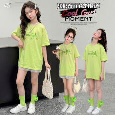 批发女童小清新绿色<b class='q'>中长款</b><b class='q'>T</b><b class='q'>恤</b>2026夏中大童宽松短袖裙裤短裙套装洋气