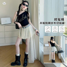 女童网纱拼接牛仔短裤2026夏新款中大童甜酷单肩背心T恤热裤套装