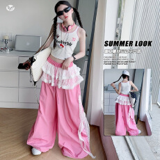 女童粉色爵士舞服套装2026夏款中大童吊带背心蕾丝花边阔腿裤长裤