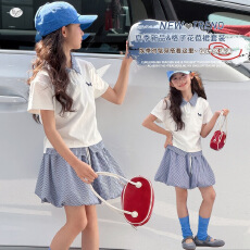 女童格子花苞裙套装2026夏新款中大童假两件拼接polo衫半身裙短裙