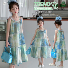 女童波西米亚连衣裙2026夏款中大童甜美挂脖长裙背心裙轻薄沙滩裙