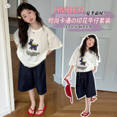 批发<b class='q'>女童</b>202<b class='q'>6</b>年夏季新款韩版T恤轻薄撒银牛仔七分裤套装女孩印花短袖