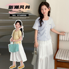 批发<b class='q'>女童</b>202<b class='q'>6</b>年夏季新款韩版<b class='q'>开衫</b>短袖半身裙套装乖巧坑条T恤蕾丝裙潮