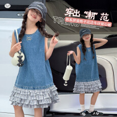 批发2026夏季<b class='q'>女童</b>刺绣牛仔<b class='q'>拼接</b>格子花边连衣裙 中大童韩系<b class='q'>背心裙</b>
