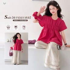 批发<b class='q'>女童</b>玫红<b class='q'>色</b>格子娃娃衫绣花裤套装2026夏中大童轻薄短袖T恤阔腿裤