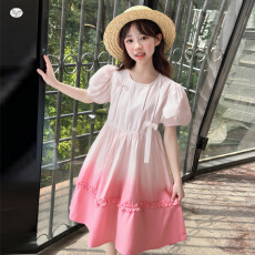 女童蝴蝶结吊染渐变连衣裙2026夏款中大童泡泡袖公主裙花边A字裙