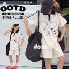 女童运动风套装2026夏款中大童猫咪印花polo衫短裤拉条两件套薄款