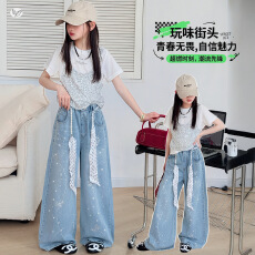 2026夏季女童烫钻牛仔裤中大童满钻蝴蝶阔腿裤