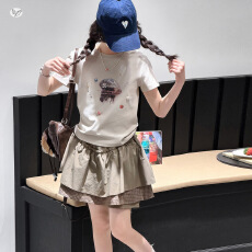 女童修身印花T恤双层格子半身裙套装2026夏季新款中大童A字裙洋气