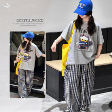 女童夏季套装2026新款中大童猫咪印花格子裤阔腿裤慵懒风轻薄夏装