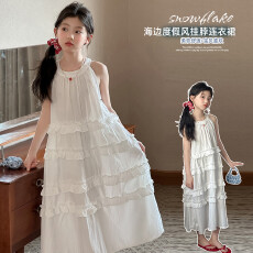批发女童2026年夏季新款韩版荷叶边挂脖连衣裙中大童宽松度假长裙批发