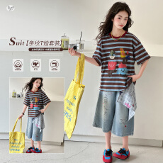 批发<b class='q'>女童</b>卡通<b class='q'>套</b>装2026夏季新款中大童条纹撞色短袖T恤牛仔中裤五分裤