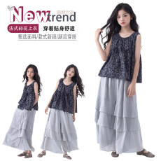 批发女童2026年夏季新款韩版碎花无袖娃娃衫套装中大童轻薄荷叶边长<b class='q'>裤</b>