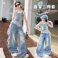 批发<b class='q'>女童</b>美式街舞<b class='q'>服</b>夏装中大童蕾丝打底衫牛仔吊带破洞裤套装2026新款