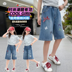 批发女童牛仔中裤2026夏季新款中大童蝴蝶结阔腿裤韩系直筒五分裤洋气