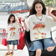 批发女童夏季2026新款短袖印花T恤牛仔短<b class='q'>裤</b>套装<b class='q'>儿童</b>洋气时髦轻薄亲肤