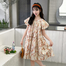 批发女童泡泡袖连衣裙2026夏款中大童法式碎花公主裙大裙摆中长裙跨境