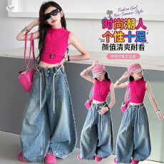 批发女童时尚无袖背心2026新款夏季阔腿<b class='q'>牛仔裤</b>套装宽松休闲<b class='q'>儿童</b>两件套