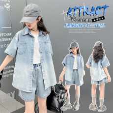 批发女童渐变<b class='q'>牛仔</b>套装2026夏款中大童烫钻背心衬衫短裤三件套夏天薄款