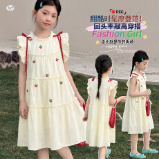 批发女童甜美连衣裙2026夏新款中大童花边樱桃公主裙小飞袖中长裙夏天