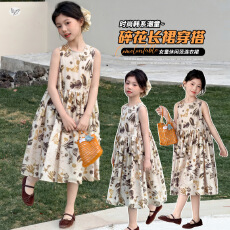 批发女童印染连衣裙2026夏季新款中大儿童复古森系背心裙大裙摆中长裙