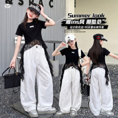 批发女童<b class='q'>夏</b>季套装2026新款蕾丝边短袖t恤破洞阔腿裤嘻哈爵士街舞服潮