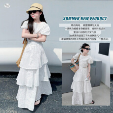 批发女童<b class='q'>夏</b>装2026新款轻薄泡泡袖上衣蛋糕裙长裙绣花套装中大童仙女风