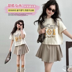 批发女童印花T恤百褶裙套装2026<b class='q'>夏</b>新款中大童短款上衣半身裙短裙批发