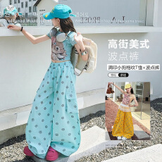 批发女童2026<b class='q'>夏</b>季新款辣妹多巴胺波点中大童T恤工装裤两件套套装潮流