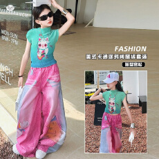 批发女童<b class='q'>夏</b>装套装2026新款女孩<b class='q'>夏</b>季多巴胺甜酷辣妹风上衣阔腿裤两件套