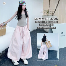 批发女童可调节吊带背心三条杠阔腿裤套装2026新款中大童时髦弯刀裤薄