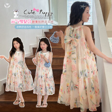 批发女童甜美花朵挂脖连衣裙2026夏季新款中大童公主裙纱裙中长款裙子