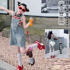 批发女童俏皮背带裤套装2026<b class='q'>夏</b>款中大童条纹背心牛仔短裤直筒裤两件套