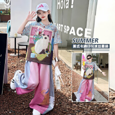 批发女童<b class='q'>夏</b>季冰丝短袖T恤数码套装2026新款女大童个性卡通宽松两件套